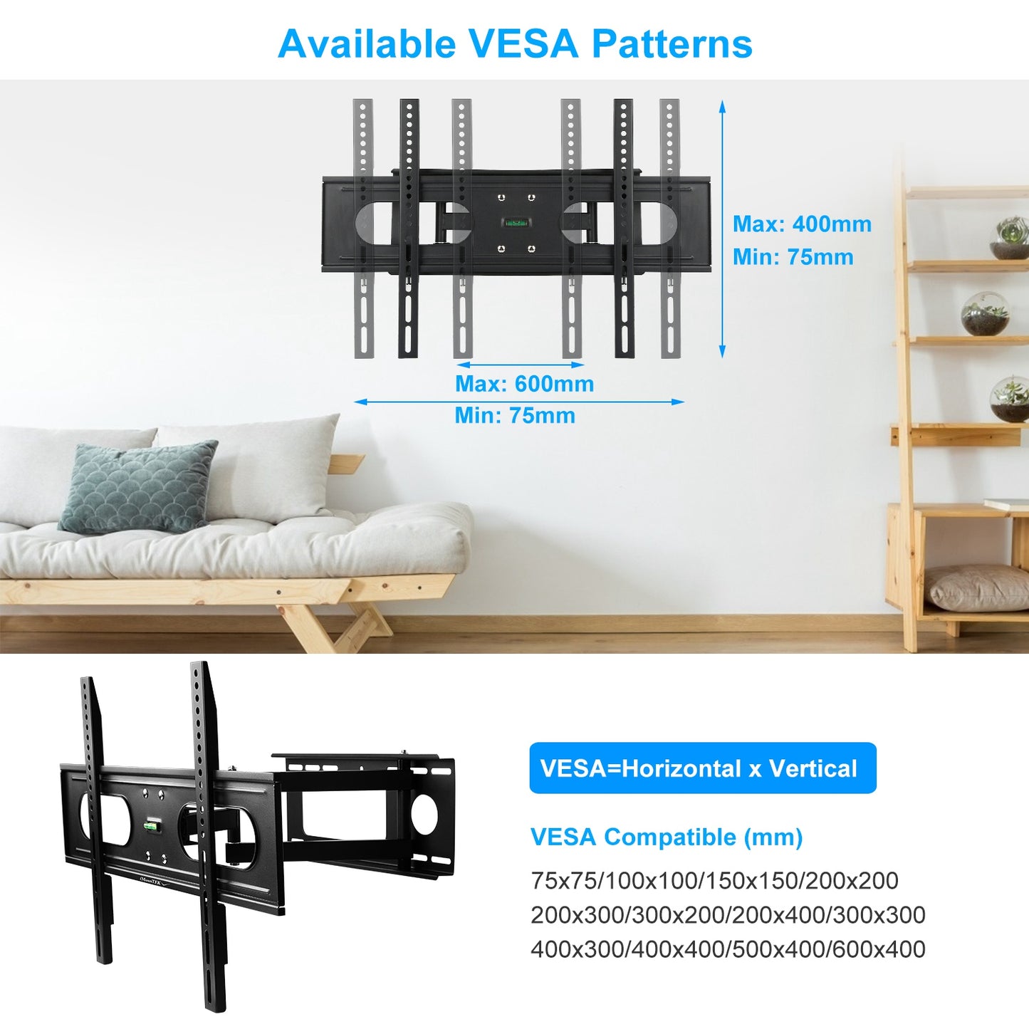 1Pc Full Motion TV Wall Mount Swivel Tilt TV Wall Rack Support 37in To 70in TV Wall Mount Max VESA Up To 600x400mm Holds Up To 99LBS