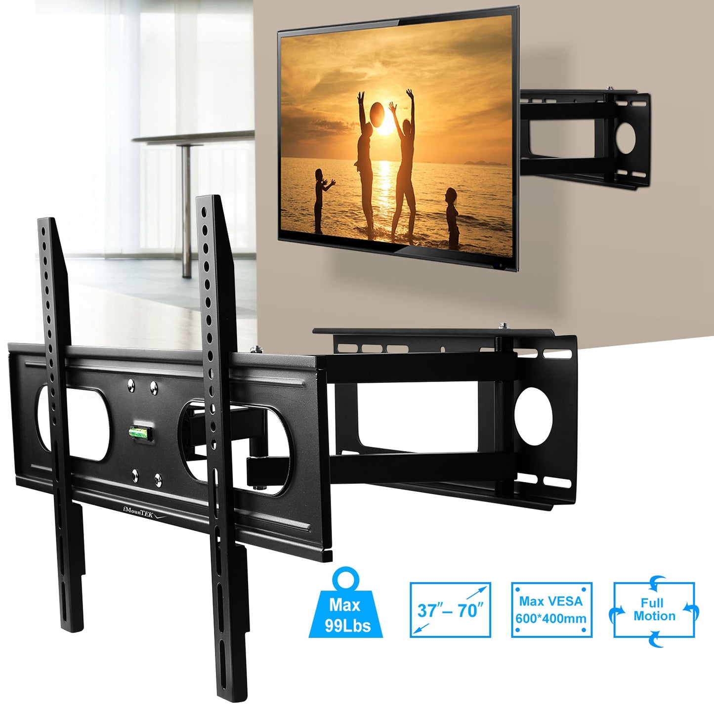 1Pc Full Motion TV Wall Mount Swivel Tilt TV Wall Rack Support 37in To 70in TV Wall Mount Max VESA Up To 600x400mm Holds Up To 99LBS